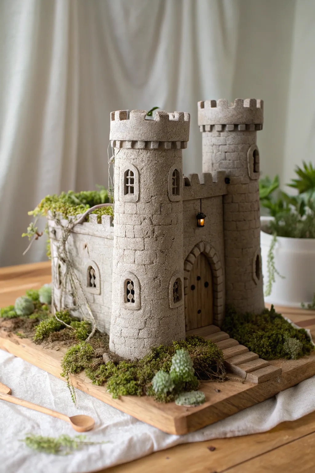 Mossy woodland clay castle in muted stone tones, simple vines, and cozy forest charm.