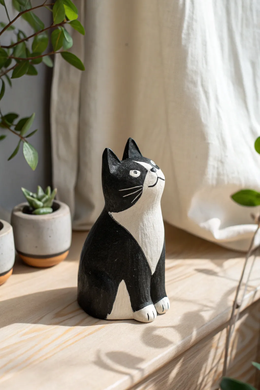 Simple tuxedo cat clay figurine with bold color blocks, soft light, and cozy Scandinavian vibes.