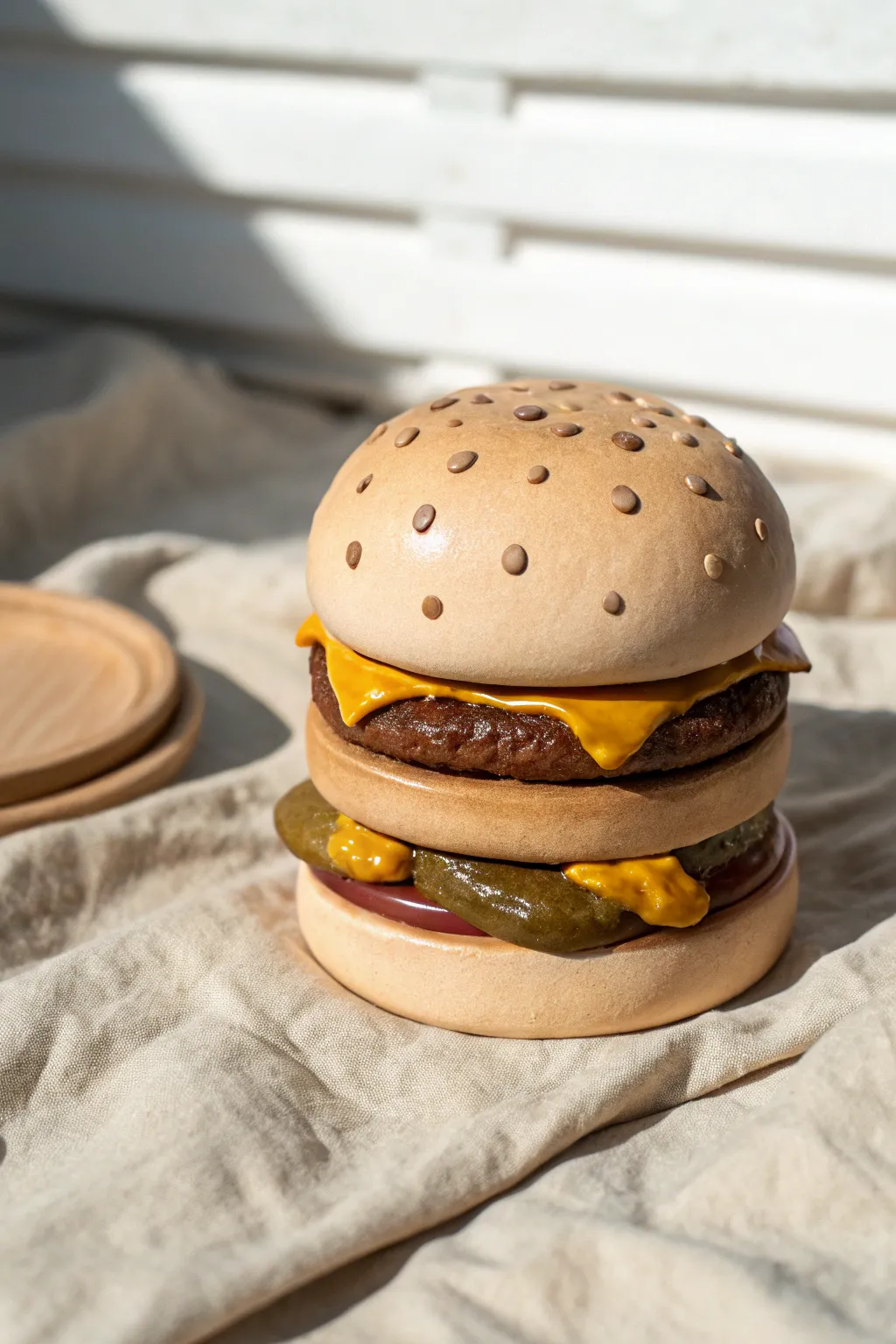 Minimal clay cheeseburger with sesame seed bun and subtle grill marks, styled in soft light