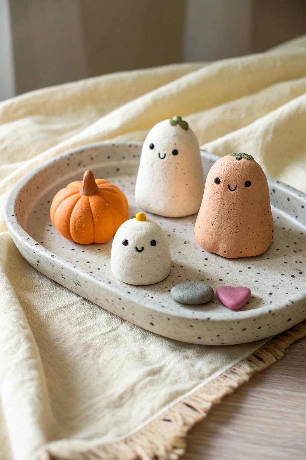 Mini seasonal clay mascots: ghost, snow buddy, and spring chick for a simple cute challenge