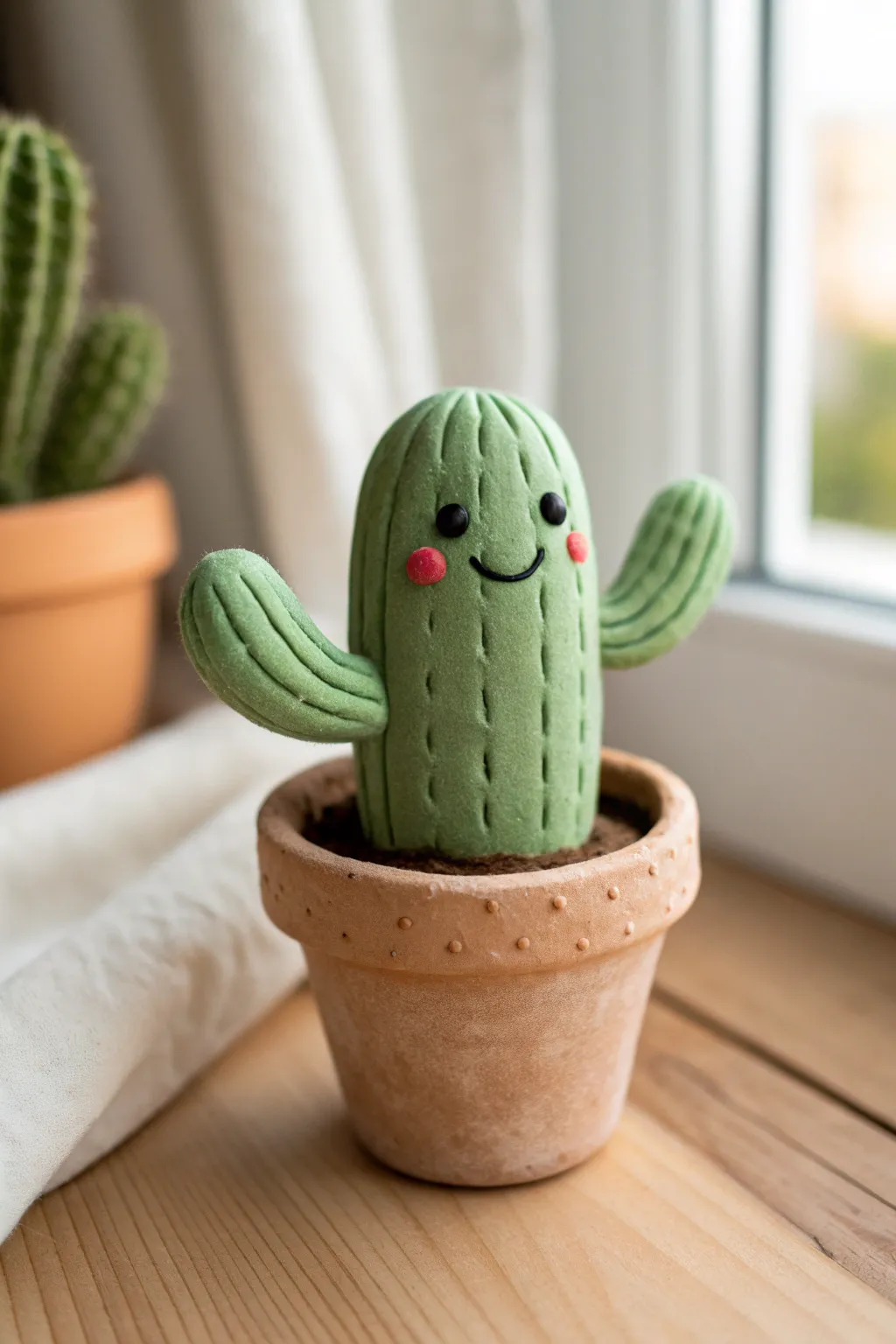 Cute cactus character in a tiny clay pot, minimalist boho decor for easy pottery inspo.