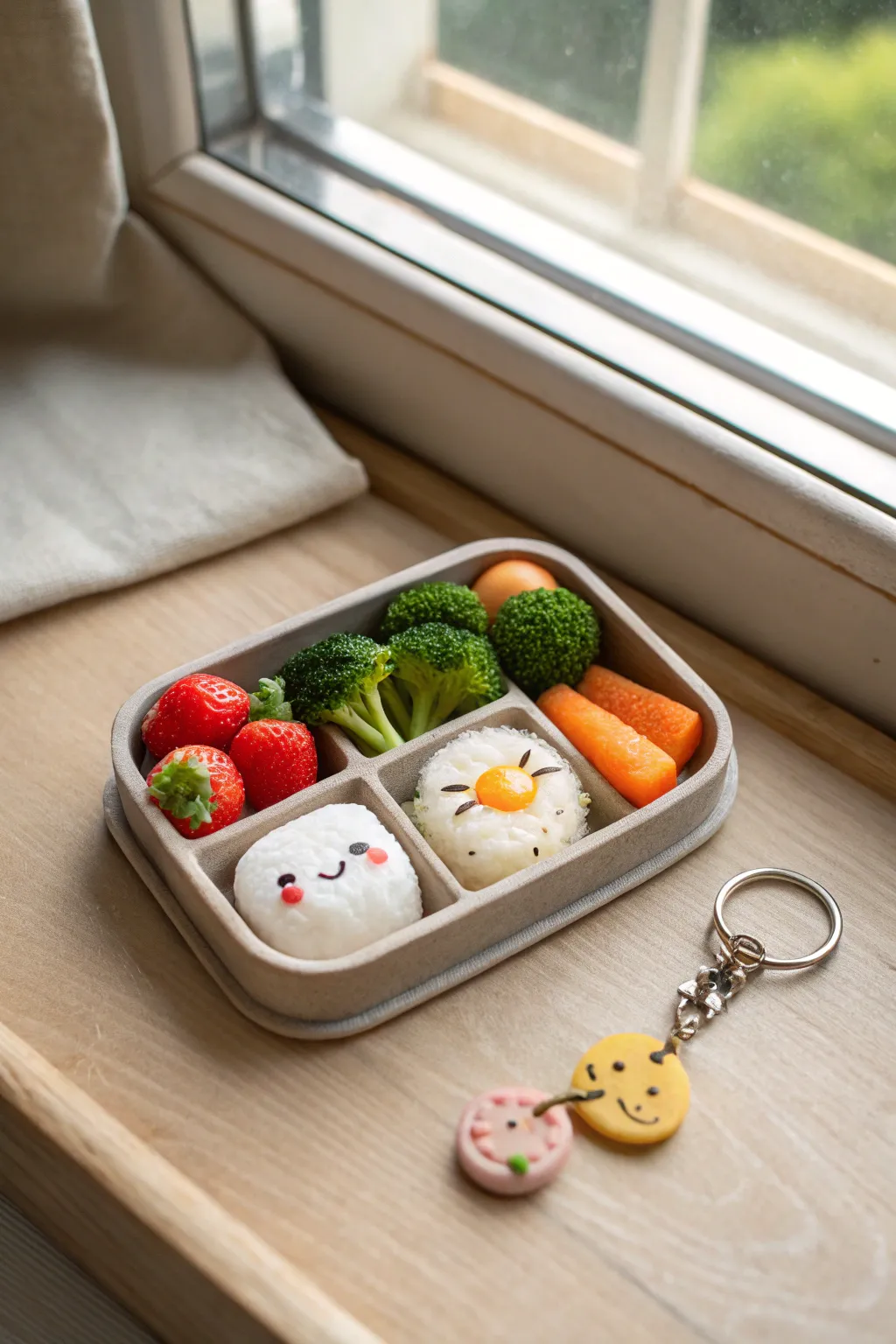 Mini bento clay charm set with cute faces, neatly arranged for a cozy minimalist Pinterest look.