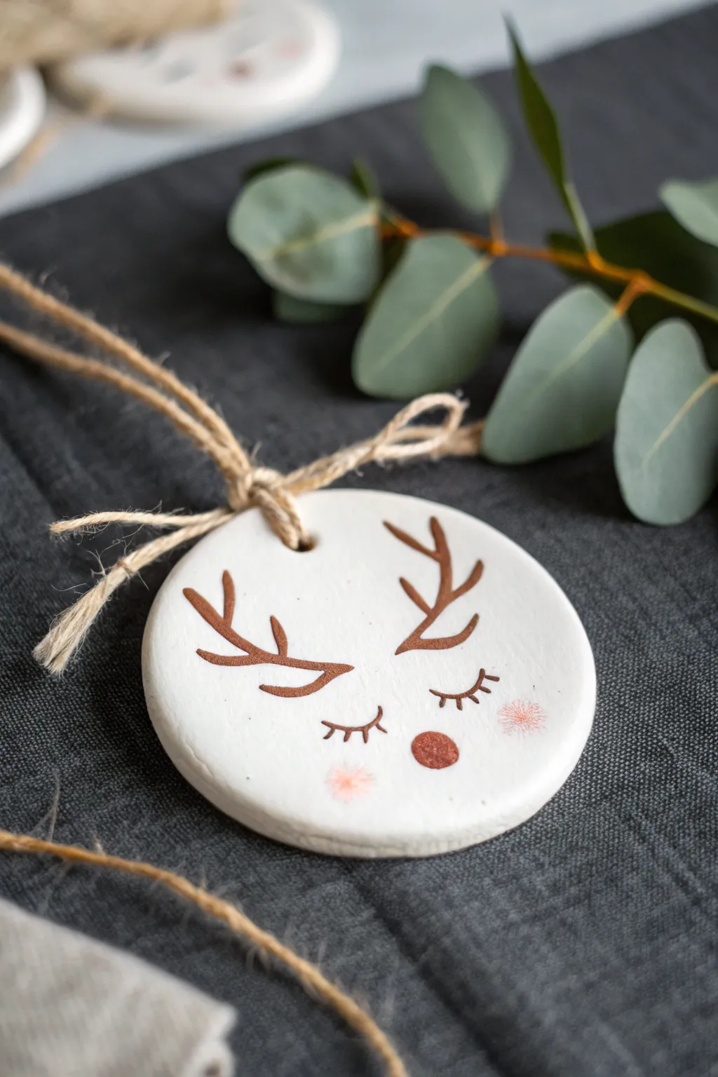 Minimal white clay reindeer ornament with sweet fingerprint details, perfect for a handmade Christmas