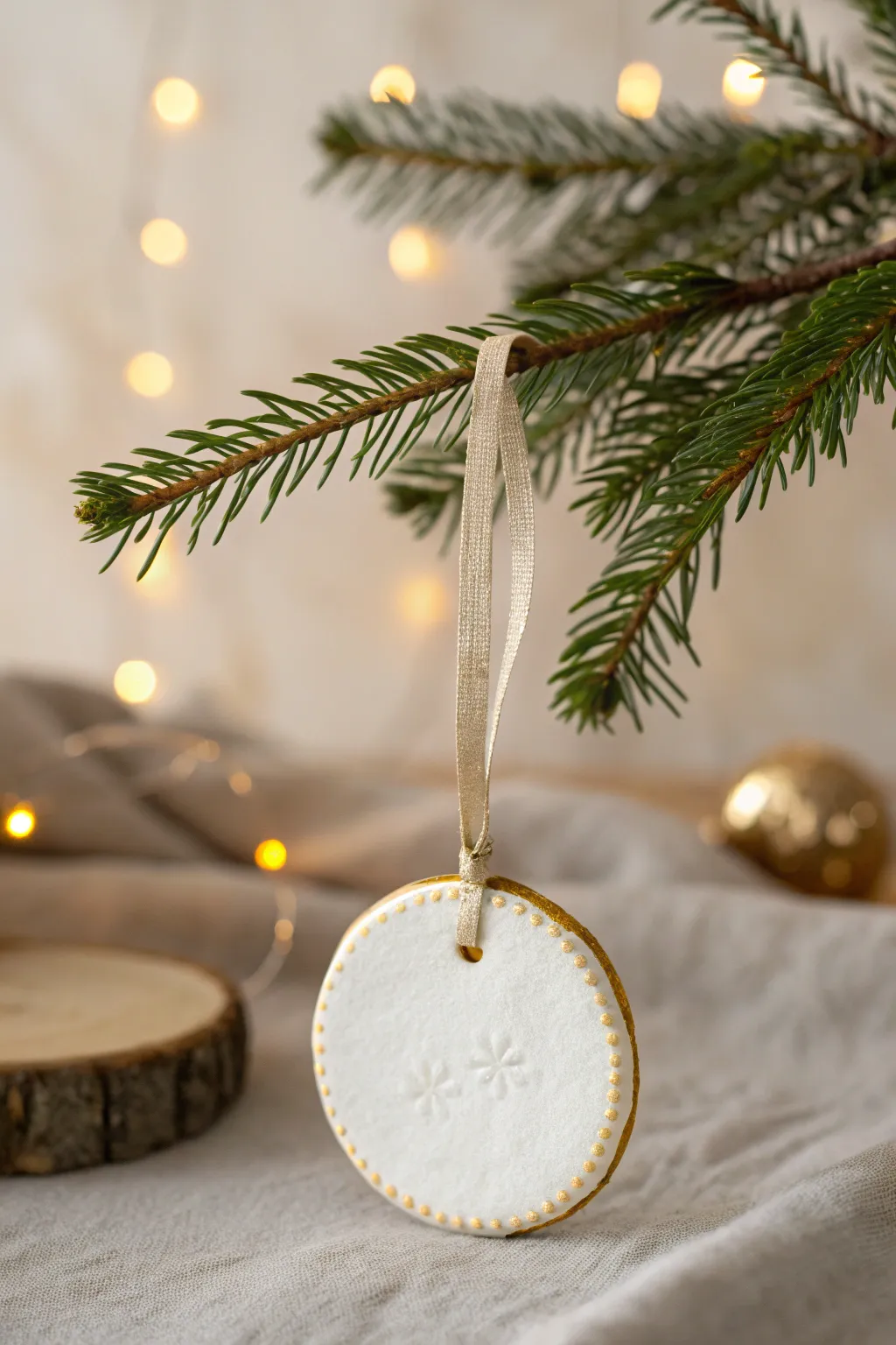 DIY gold-edged white clay ornament for a minimalist, cozy Scandinavian Christmas tree