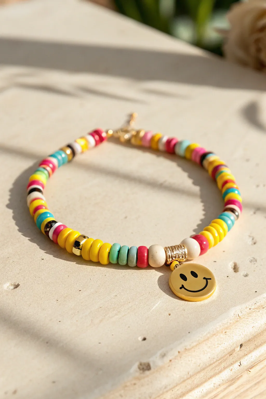 Smiley focal clay bead bracelet with bright heishi beads and minimal Scandinavian boho style