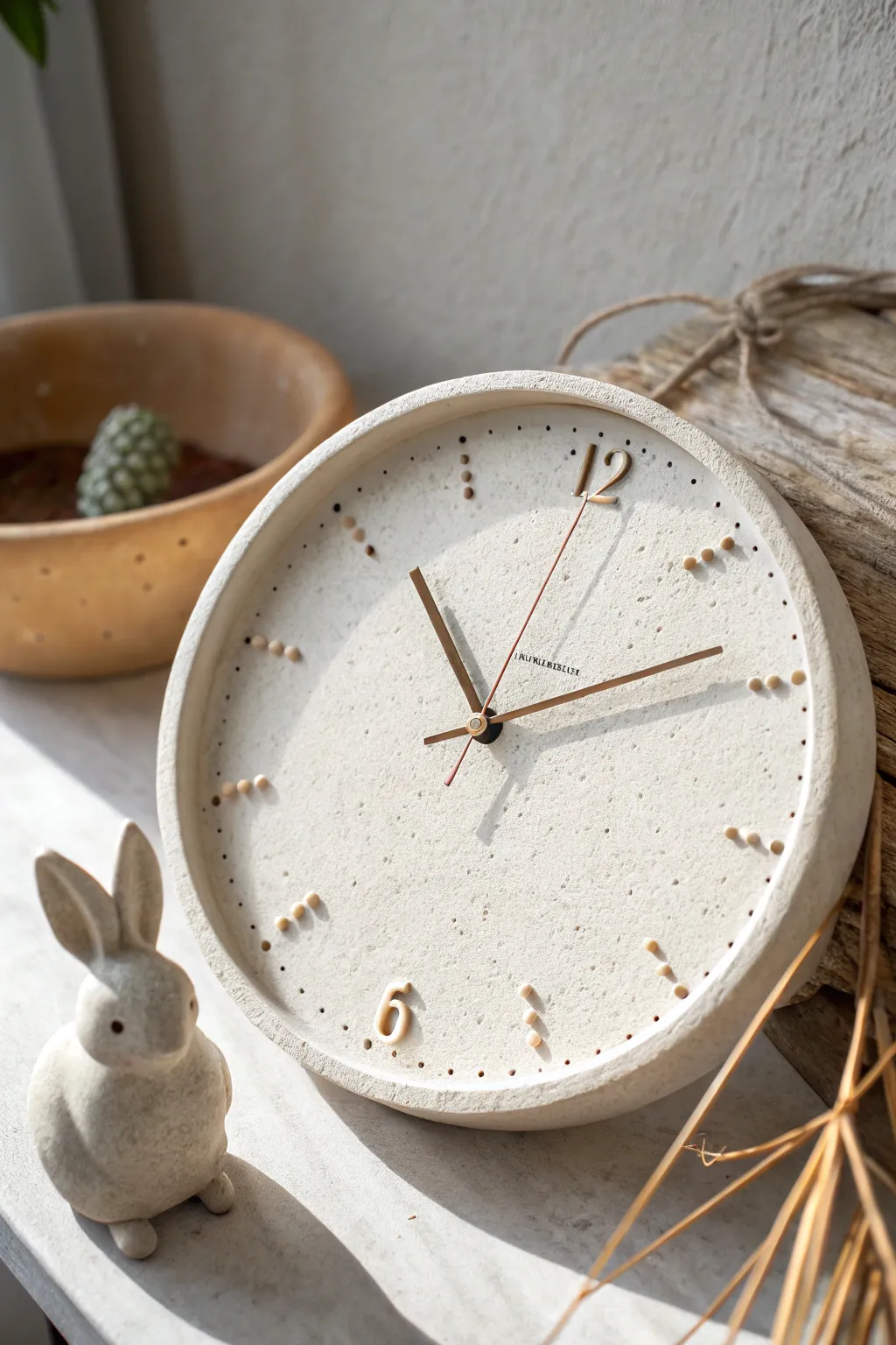 Minimal clay clock with a sweet peeking bunny edge, Scandinavian calm with a hint of boho charm