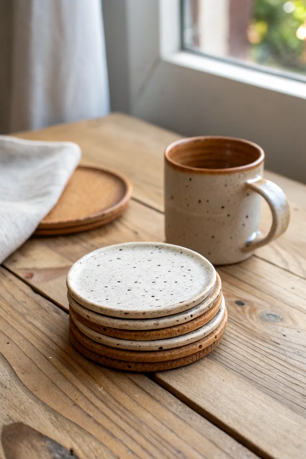 Speckled stoneware coasters in soft neutrals, stacked for a cozy minimalist table moment.