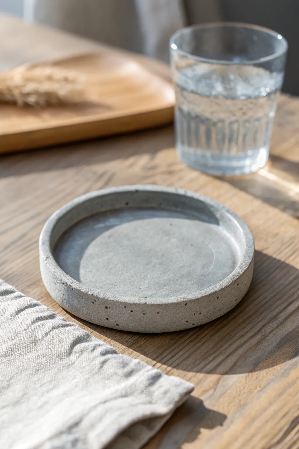 Faux concrete clay coaster with soft mottling, styled simply for a clean, modern table.