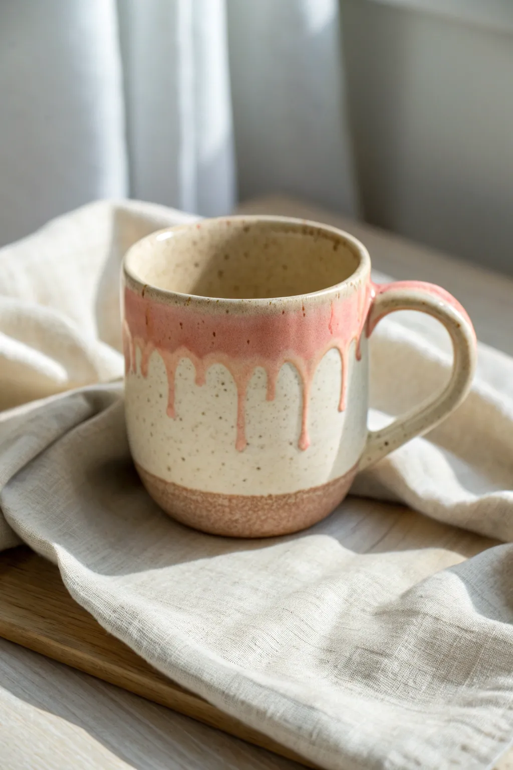 Soft drip-rim mug idea: playful glossy color on top, calm neutral body for contrast