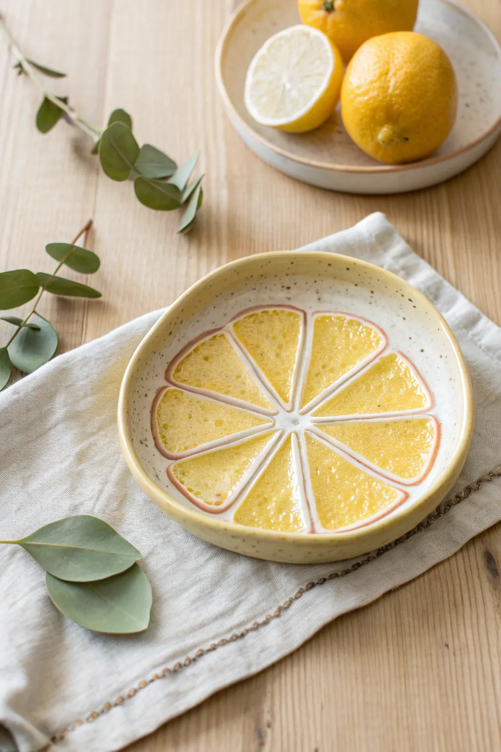 Summery citrus slice trinket dish with a tiny matching cup in minimalist Scandinavian style.