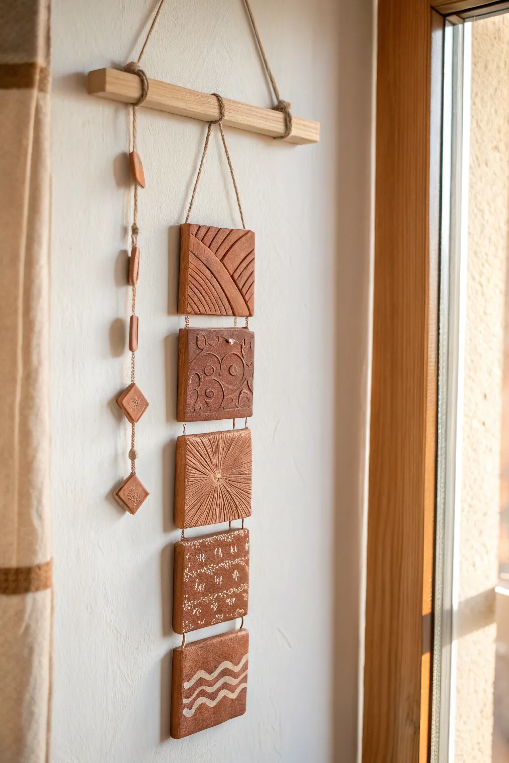 Statement clay tile wall hanging in earthy tones, minimalist boho texture for adult craft ideas.