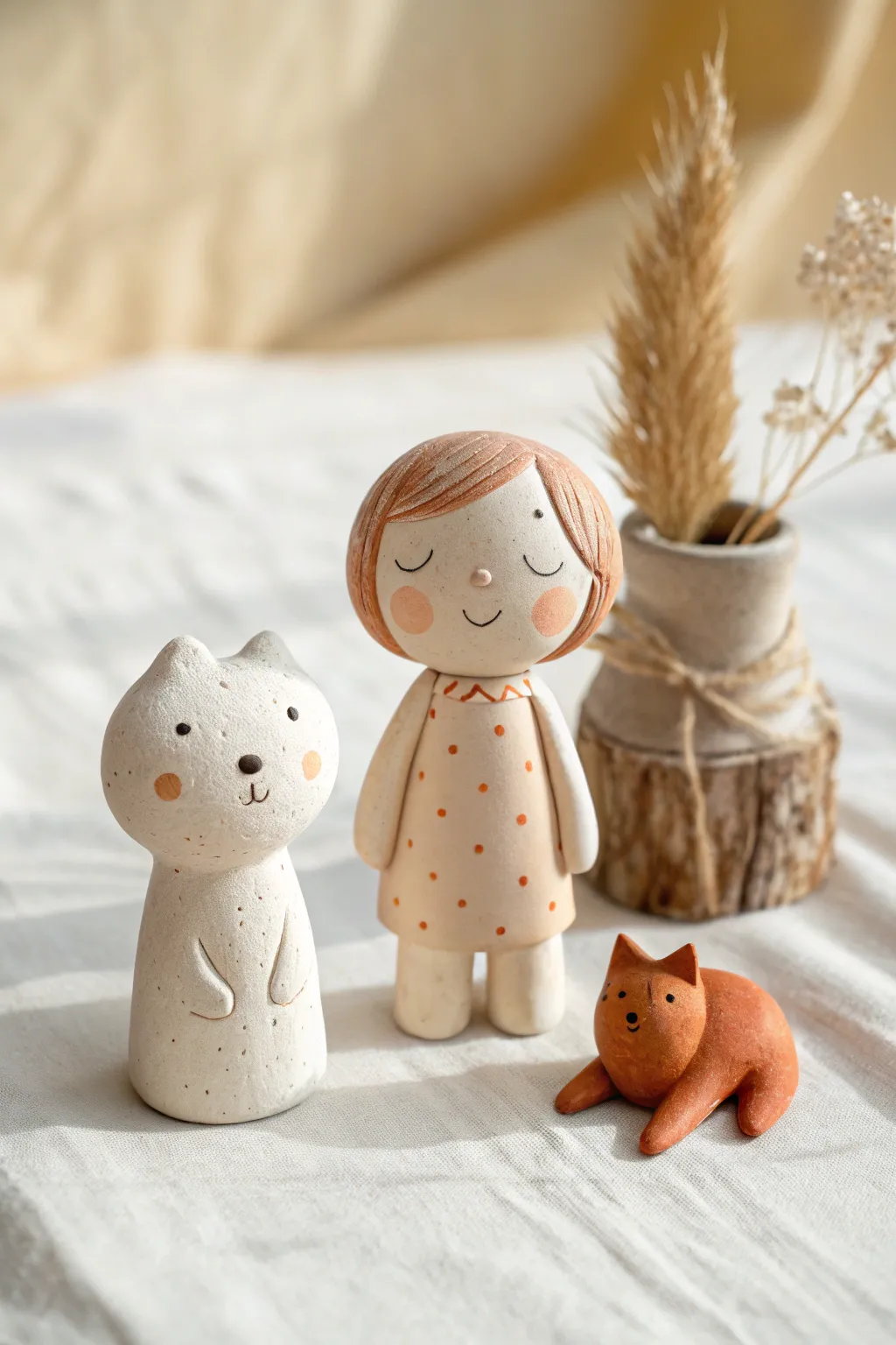 Tiny clay small world characters for kids play, minimalist with boho warmth, ready for stories.