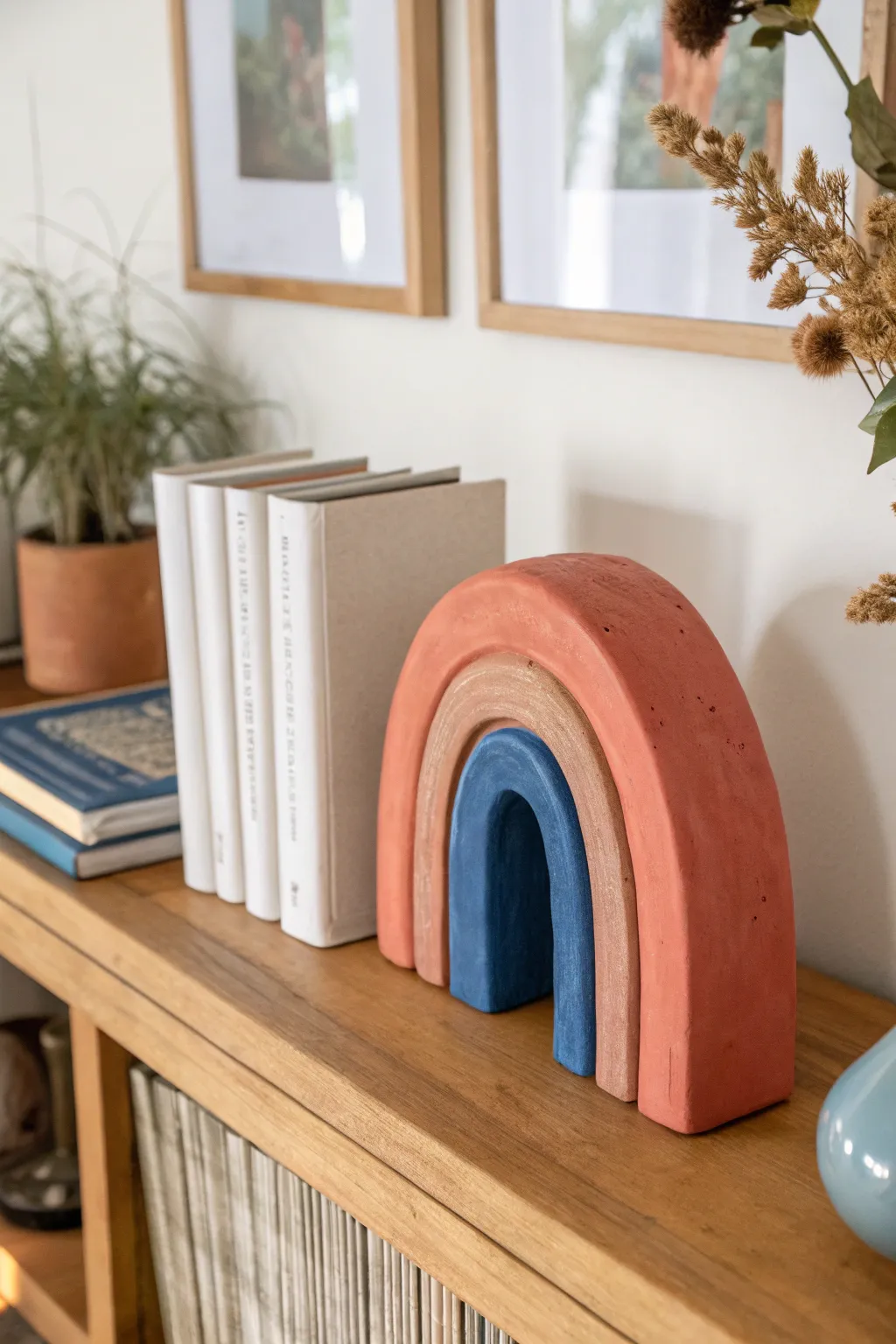 Chunky soft-shape ceramic bookends in sunny colors bringing modern calm to your shelf.