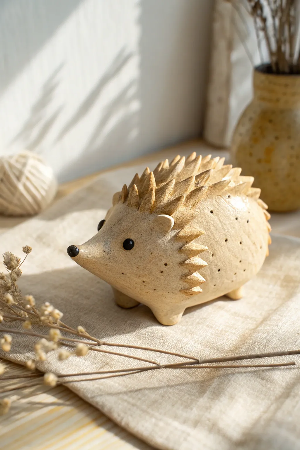 Minimal clay hedgehog loaf with easy snip spikes, cozy neutral tones and clean Scandinavian vibes