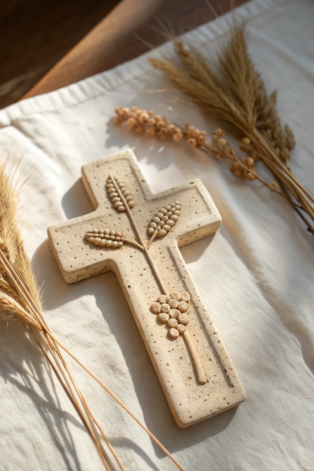 Earthy clay cross with simple grapes and wheat details, minimalist and softly boho