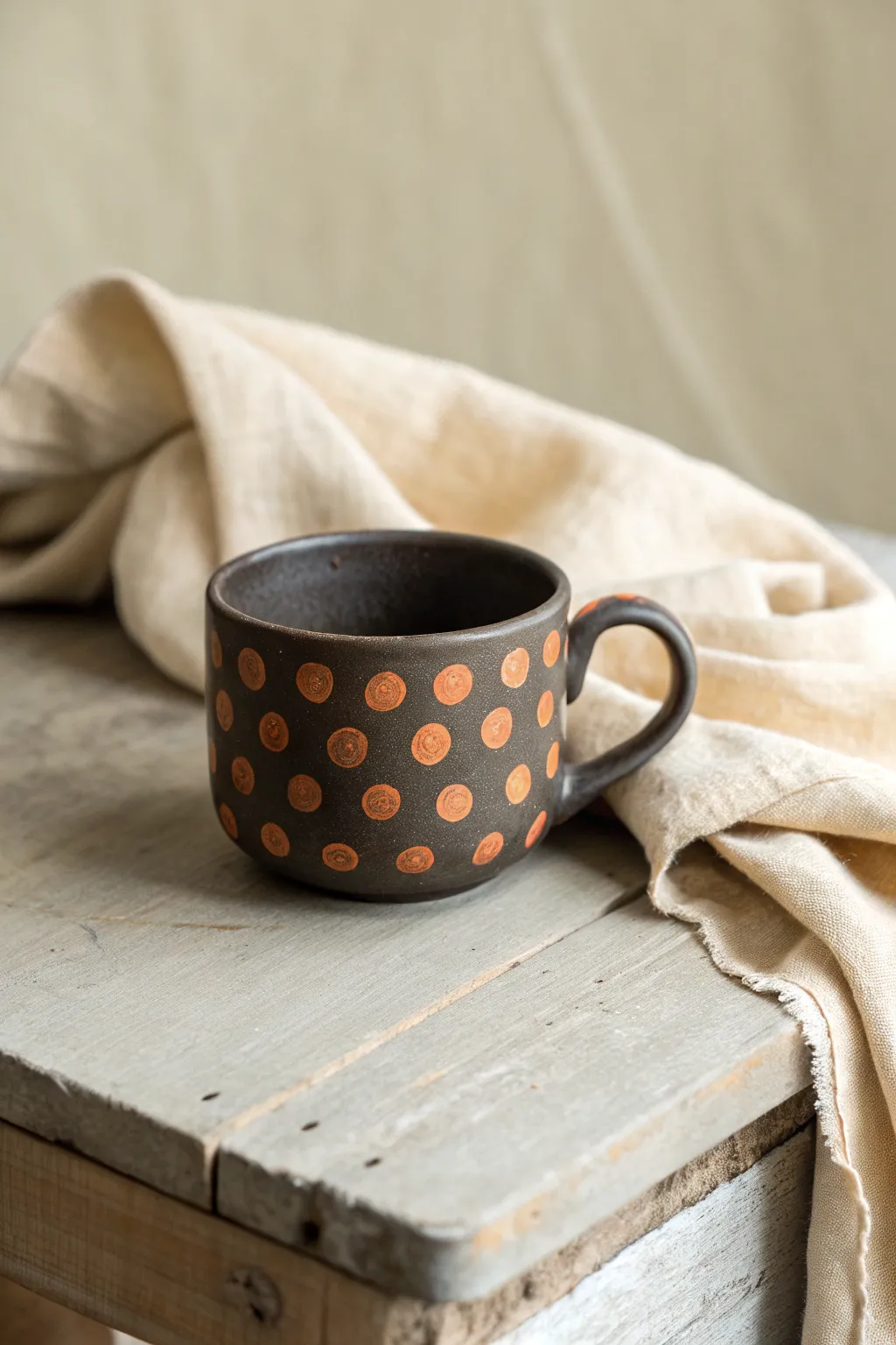 Bold wax-resist polka dots on a dark-glazed clay cup, styled simply with natural linen.