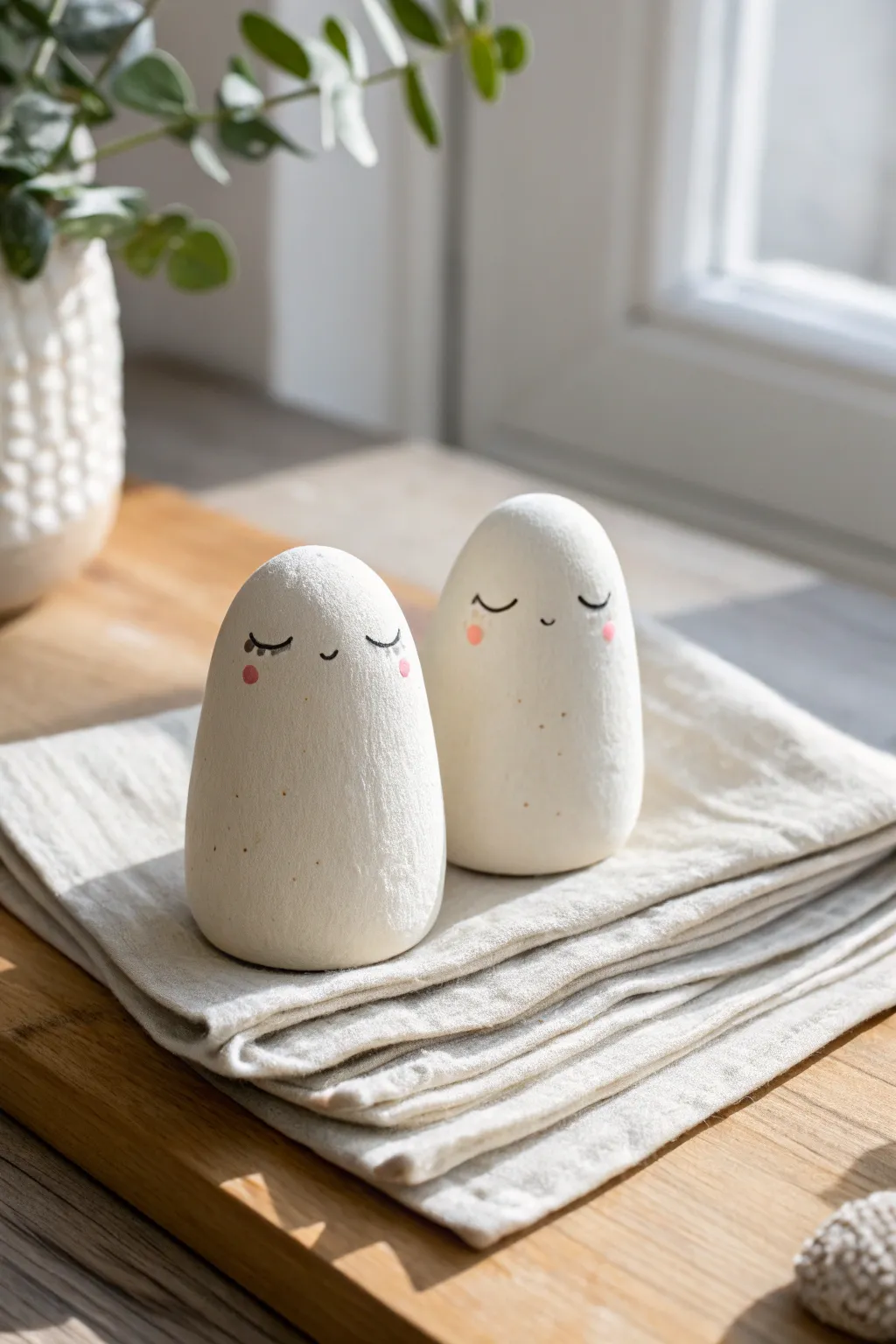 Sweet pocket totems for a clay date: two tiny pebble charms with blush and friendly faces