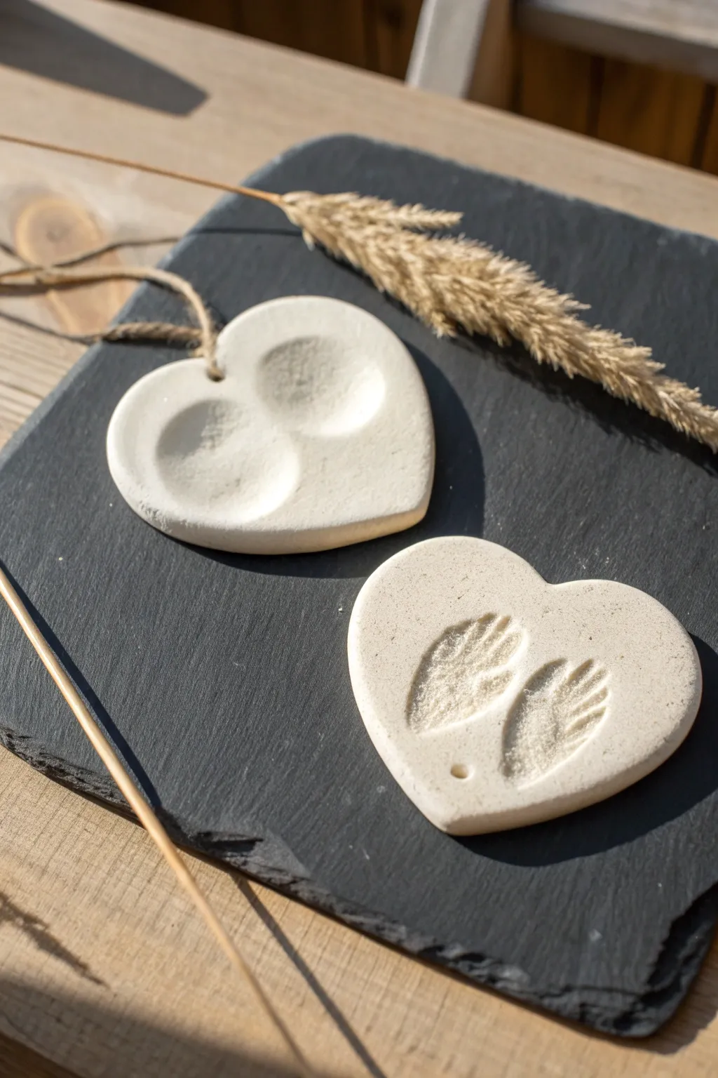 Sweet clay date night keepsake: matching thumbprint heart plaques in a calm minimalist style