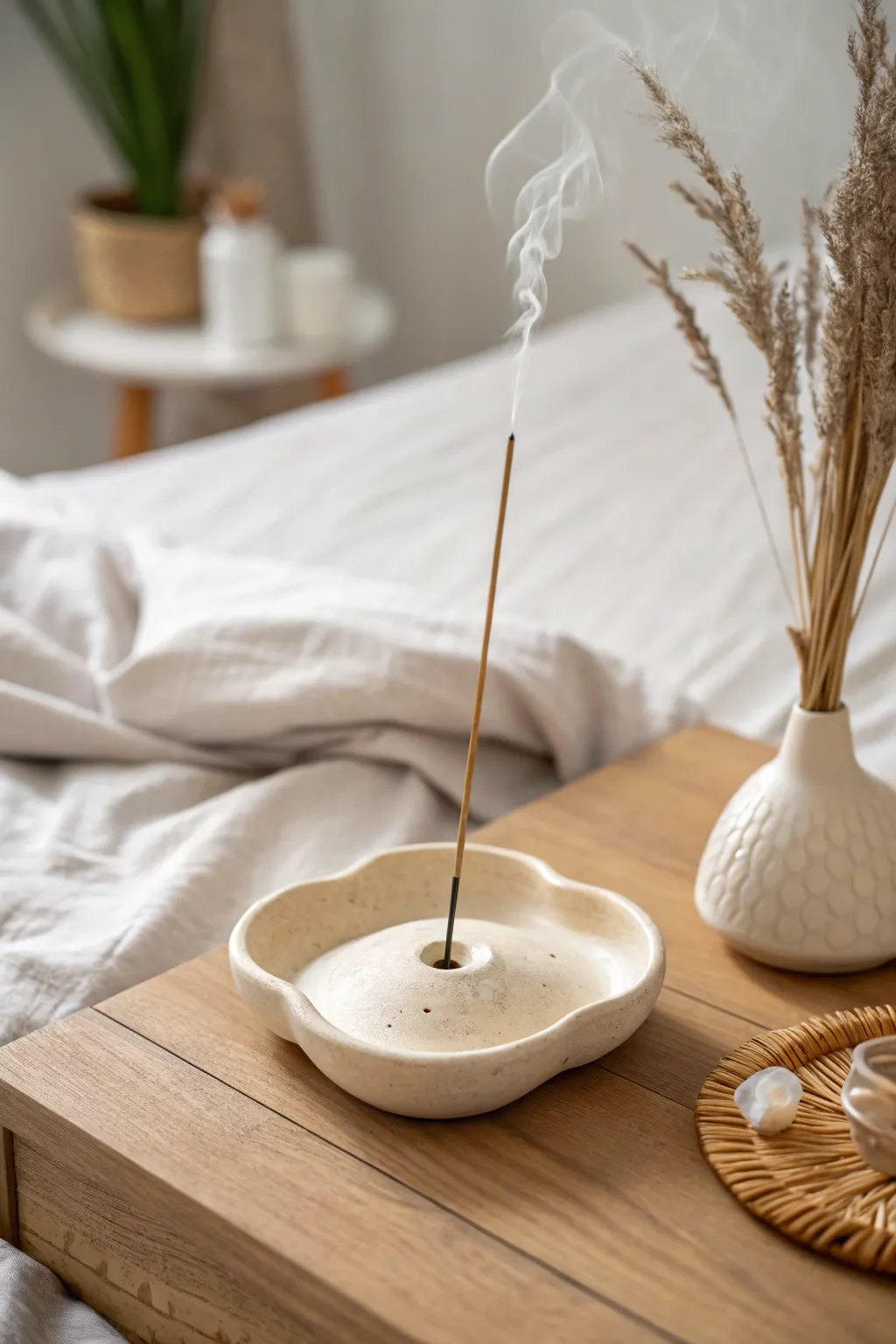 Minimal wavy clay incense holder with a single stick, calm bedside styling in soft neutral tones.