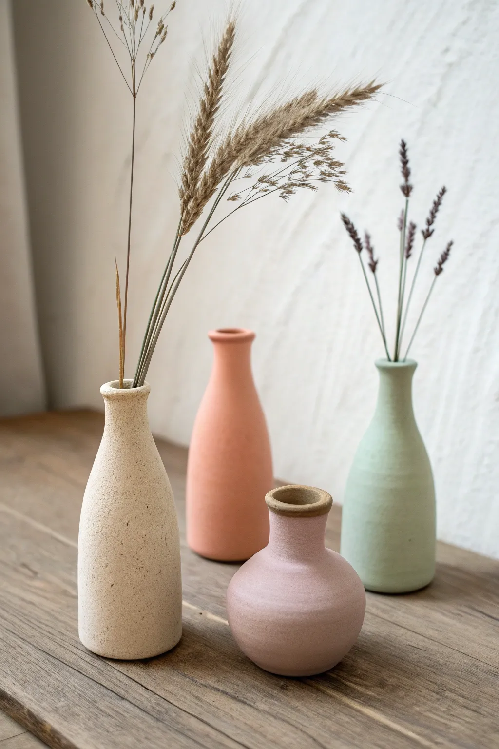 Tiny bud vases in soft earthy tones prove easy clay forms can look curated and calm.