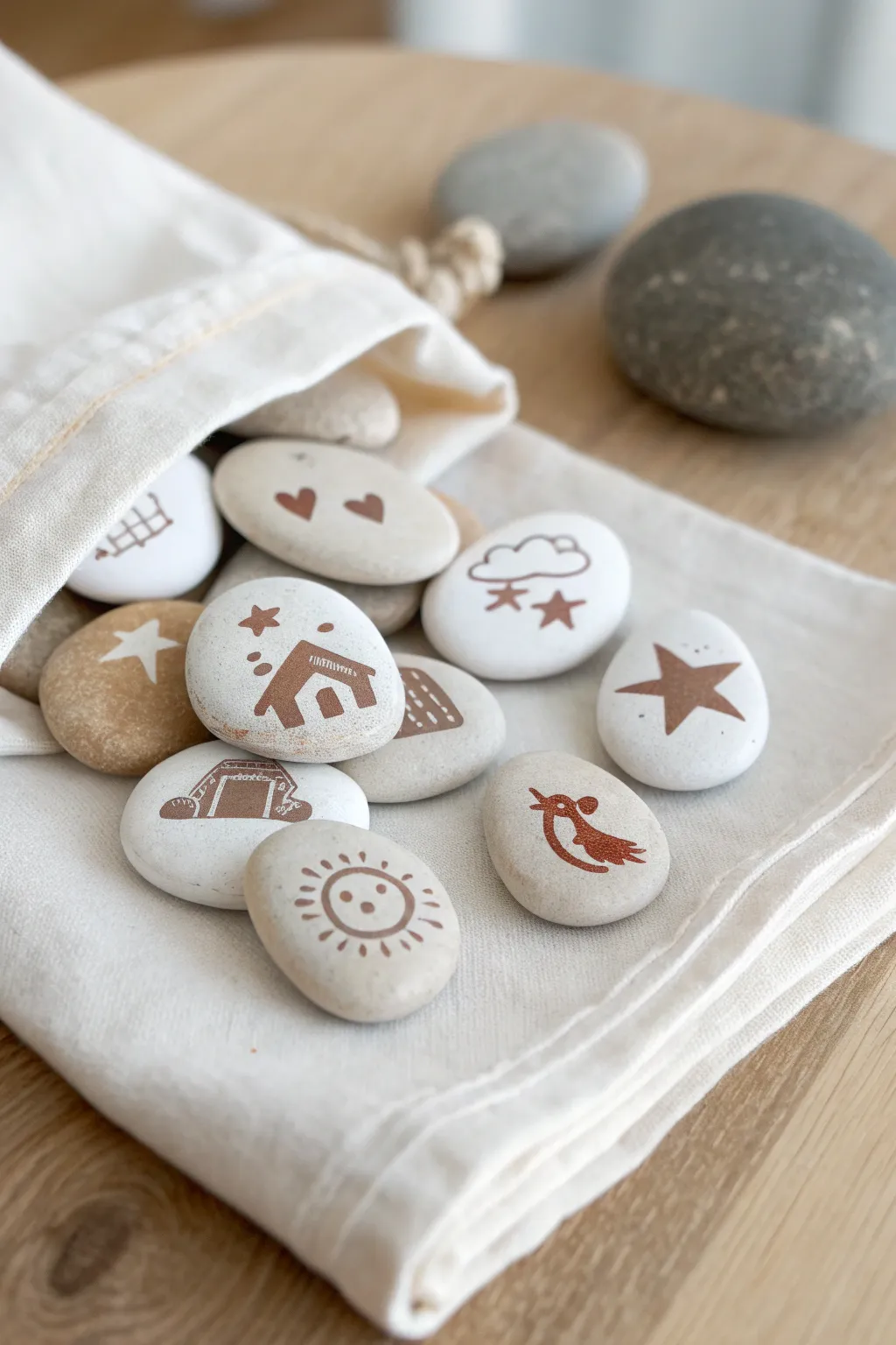 Smooth clay story stones with sweet icons, ready for kids to invent magical tales together.