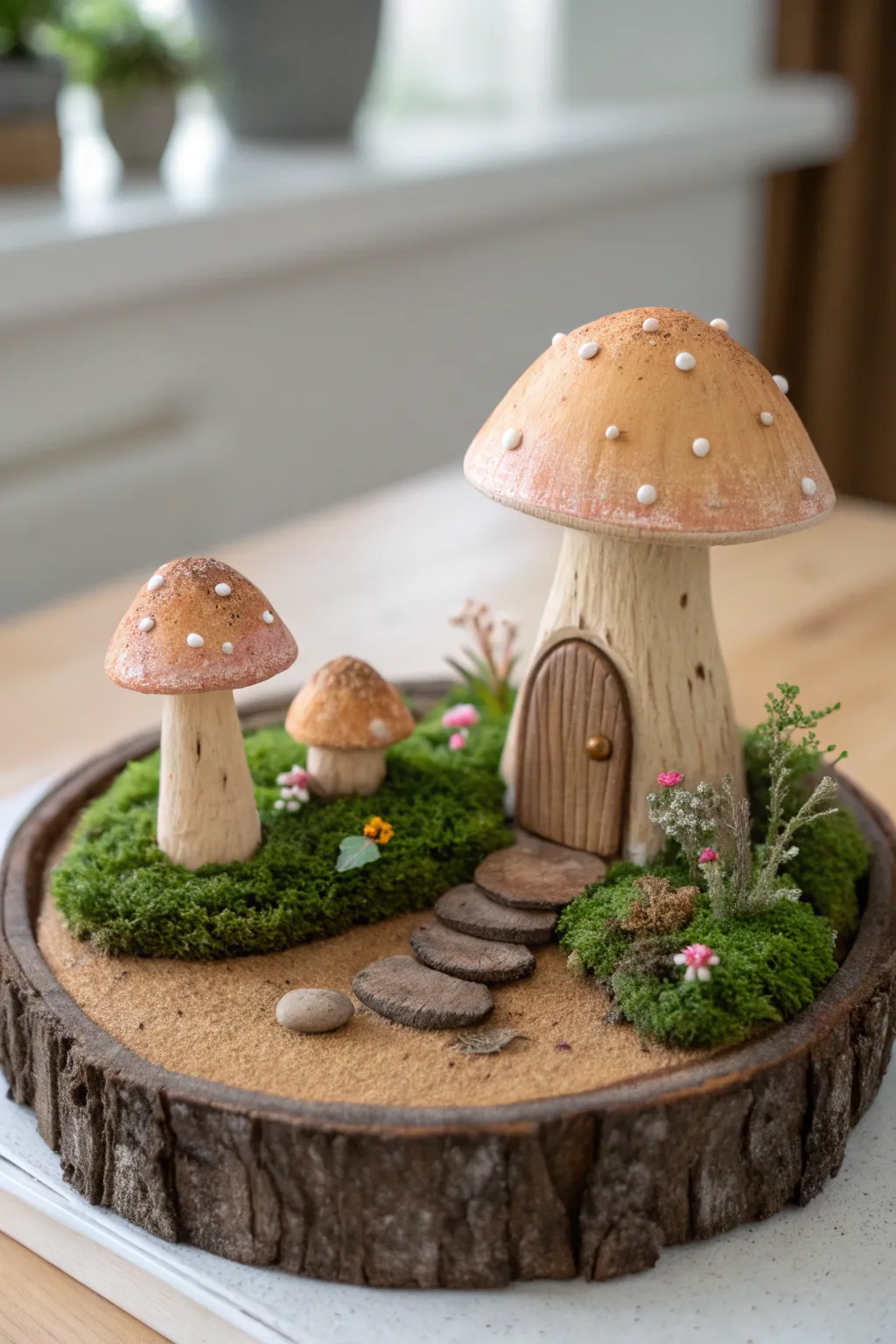 Dreamy fairy glade clay diorama with bold mushrooms and a tiny stump door, simple and magical.