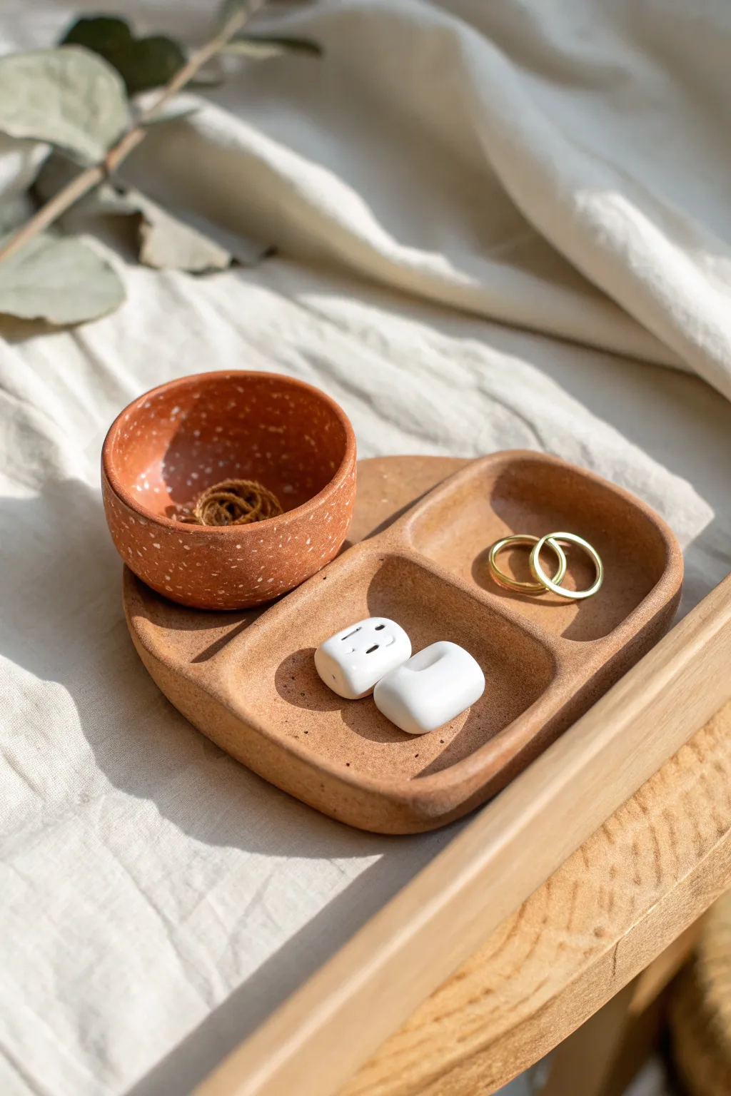 Double-dip duo: a figure-eight clay dish that keeps rings and earbuds tidy bedside.
