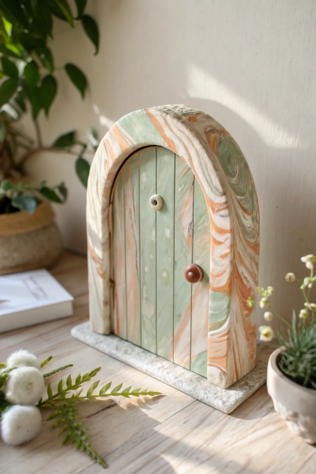 Marbled clay fairy door with dreamy swirls and minimalist details for a mystical touch