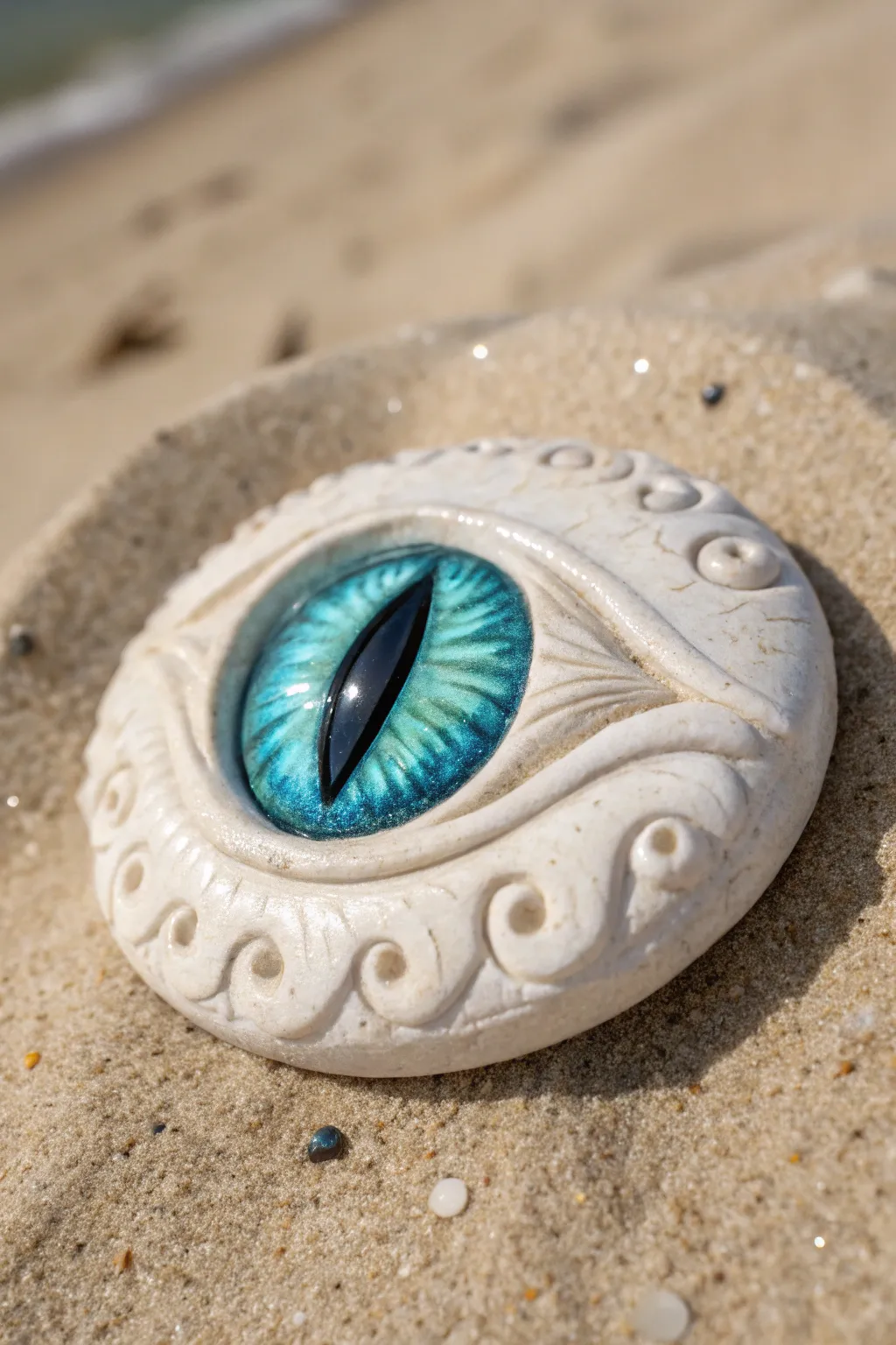 Ocean-inspired clay dragon eye with wave ridges, bubble dimples, and pearly blue-green glaze