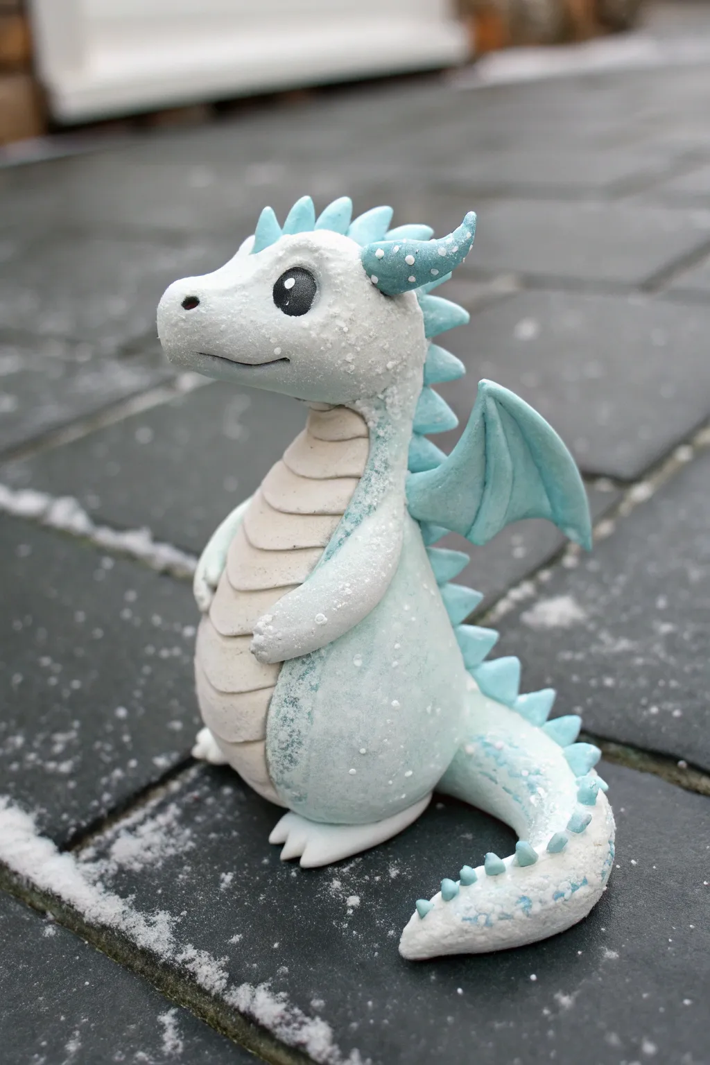 Frosty ice clay dragon with gentle spine spikes, minimalist styling for cozy Nordic shelves.