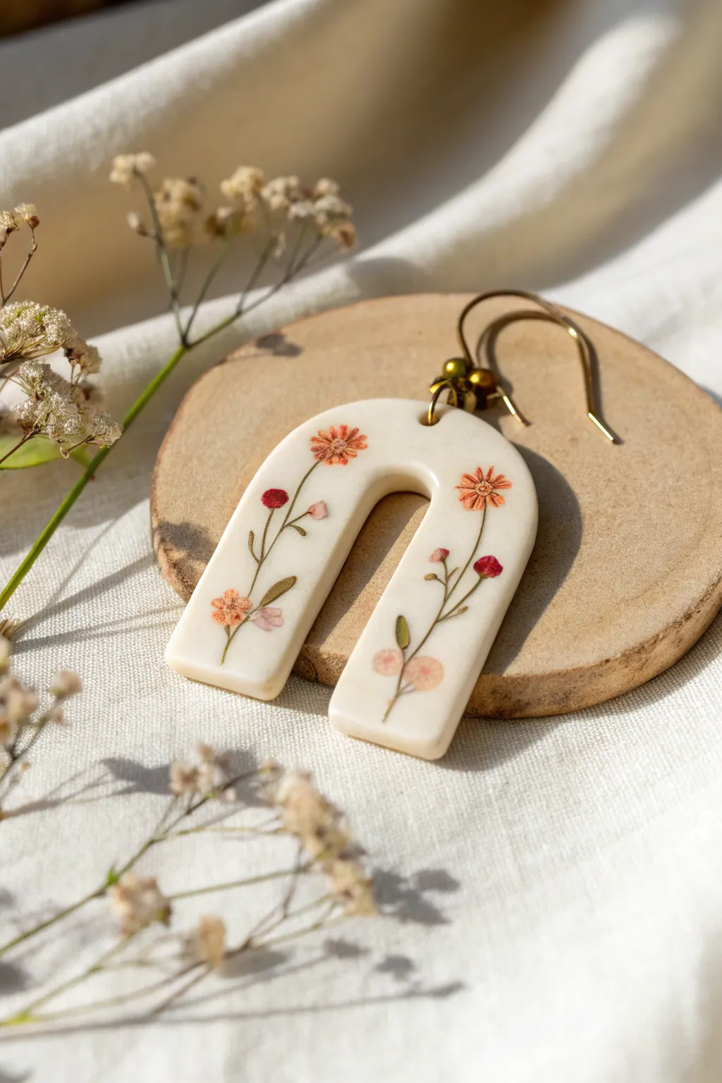 Minimal floral cane slices add a sweet handmade touch to a clean modern clay earring.