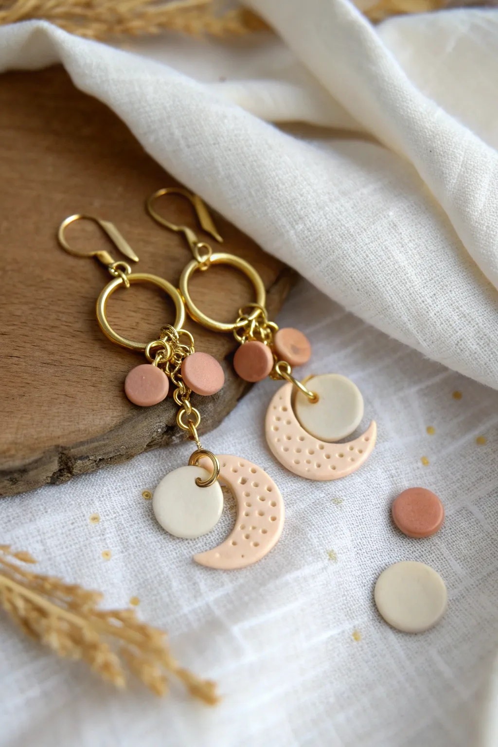 Dainty clay charm clusters with tiny moons, dots, and drops linked into a playful pair