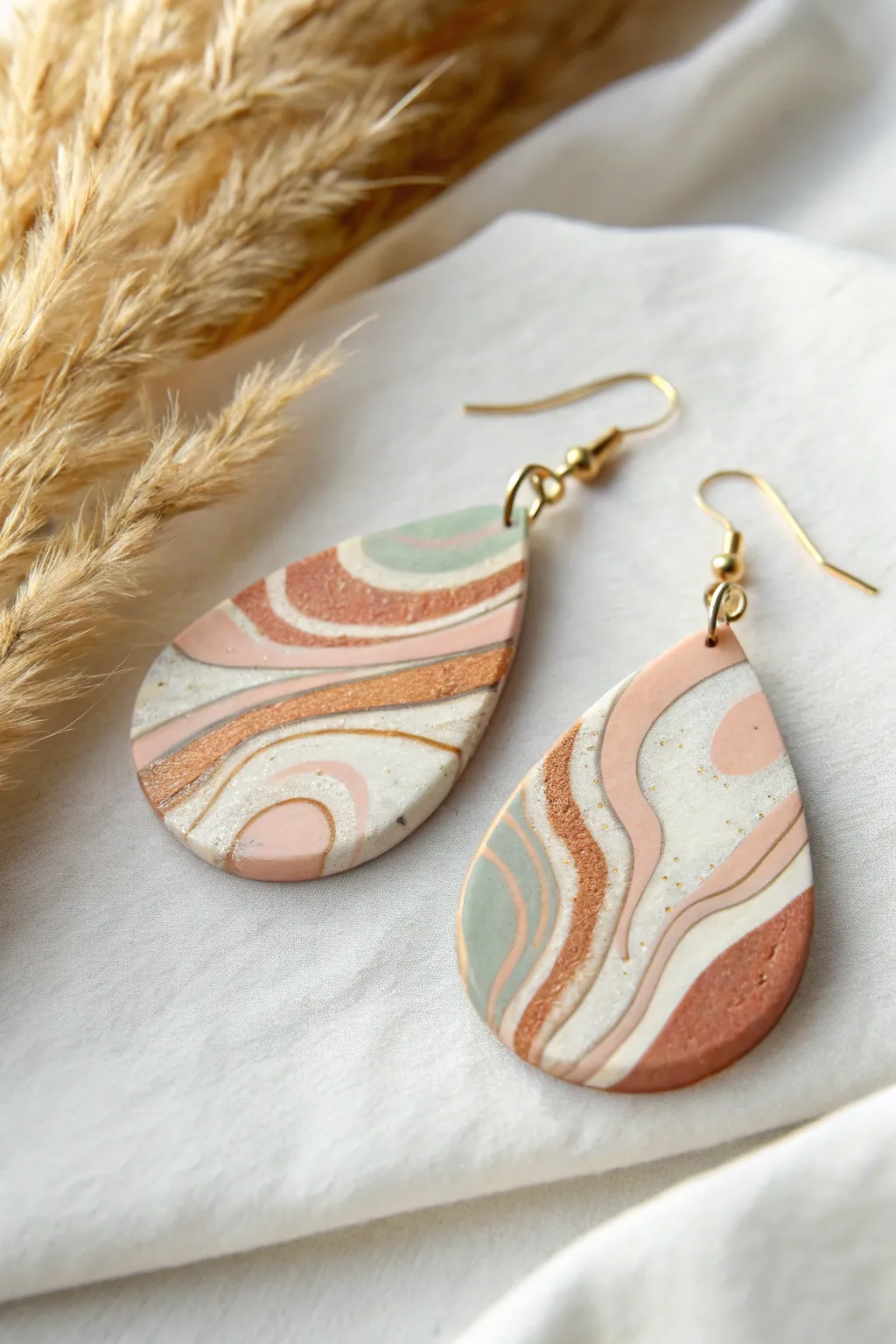 Mokume-style teardrop clay earring with soft layered lines, minimal boho on linen backdrop.