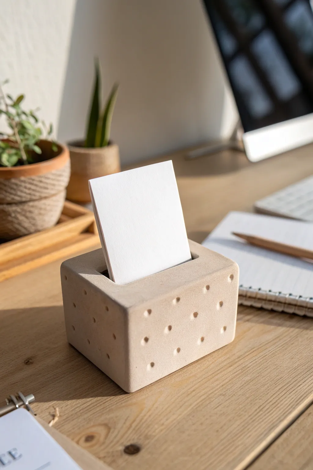 Minimal textured clay card holder in warm neutrals, a simple handmade detail for any desk