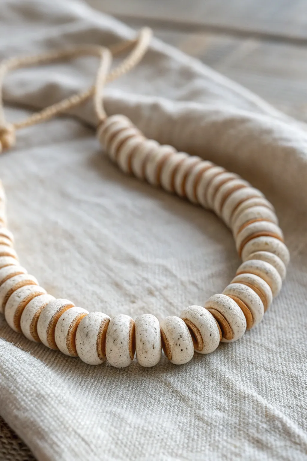 Textured clay beads wrapped with extruded coils, minimalist boho styling and crisp contrast