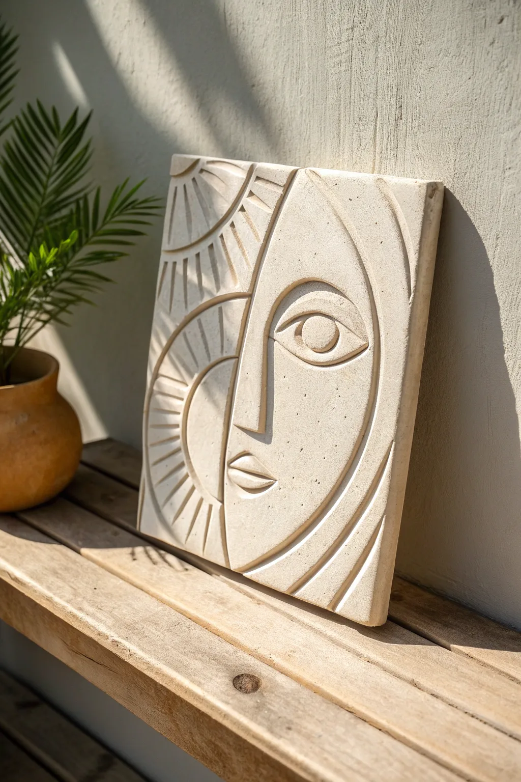 Asymmetrical abstract clay face plaque, minimalist with boho warmth for modern wall decor.