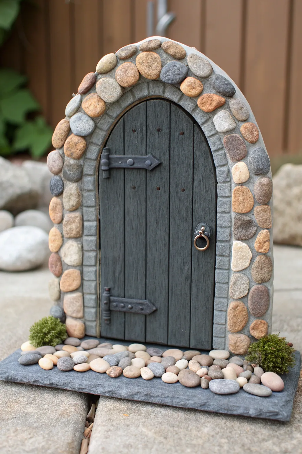 River-rock mosaic fairy door with a dark clay center for crisp contrast and natural charm