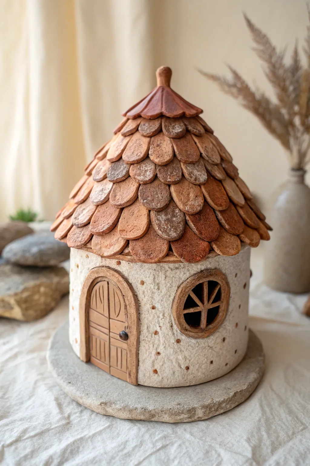 Wavy shingle roof clay fairy house in warm earthy tones, simple, charming, and handmade.