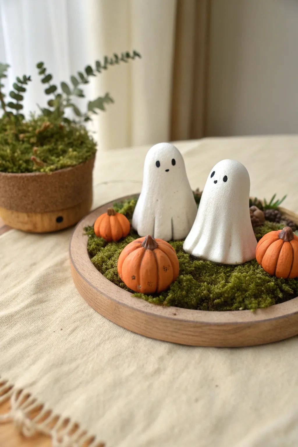Two tiny clay ghost figures with mini pumpkins on a mossy base, minimal and cozy.