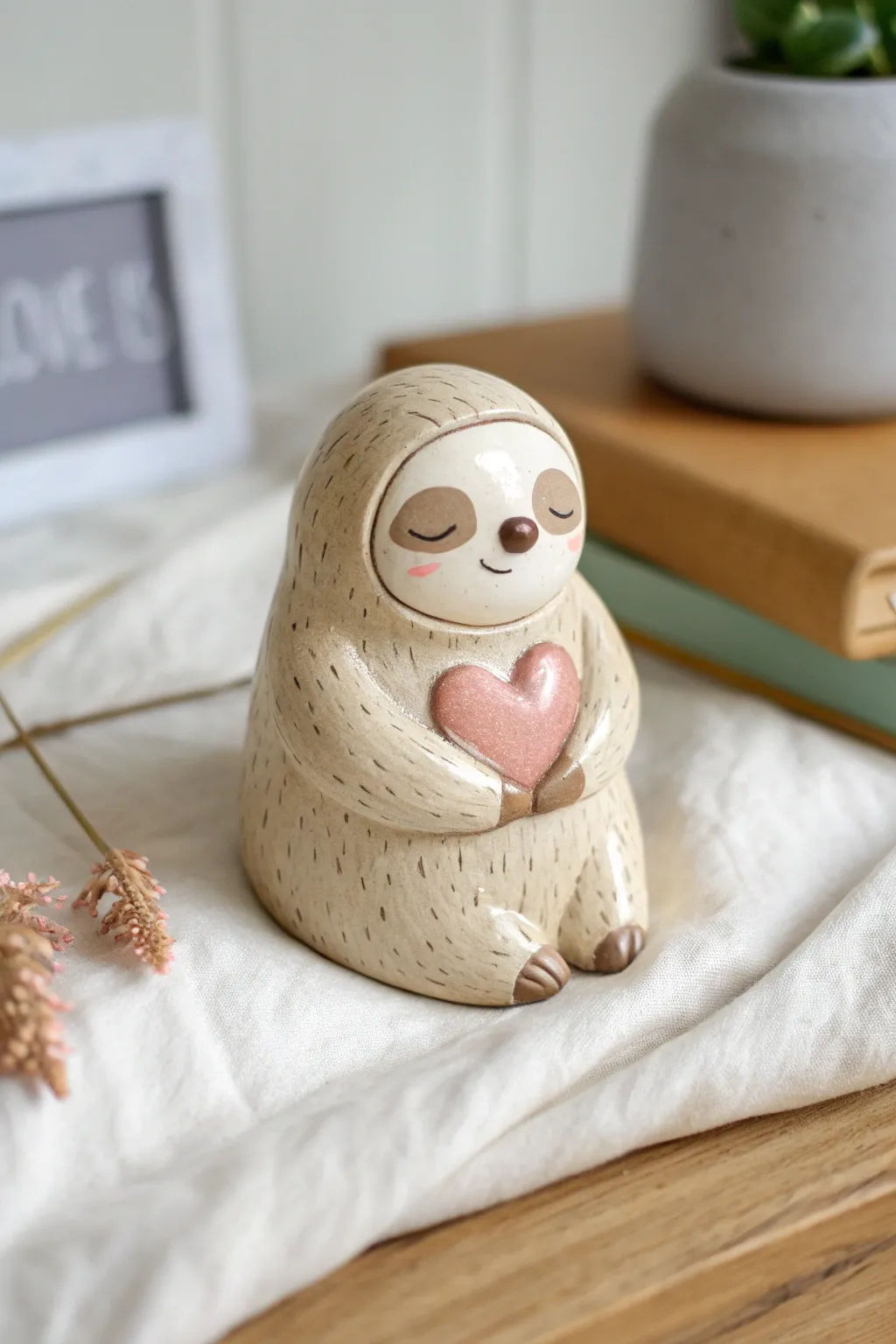 Sleepy clay sloth hugging a tiny heart, a simple minimalist desk buddy with cozy boho warmth