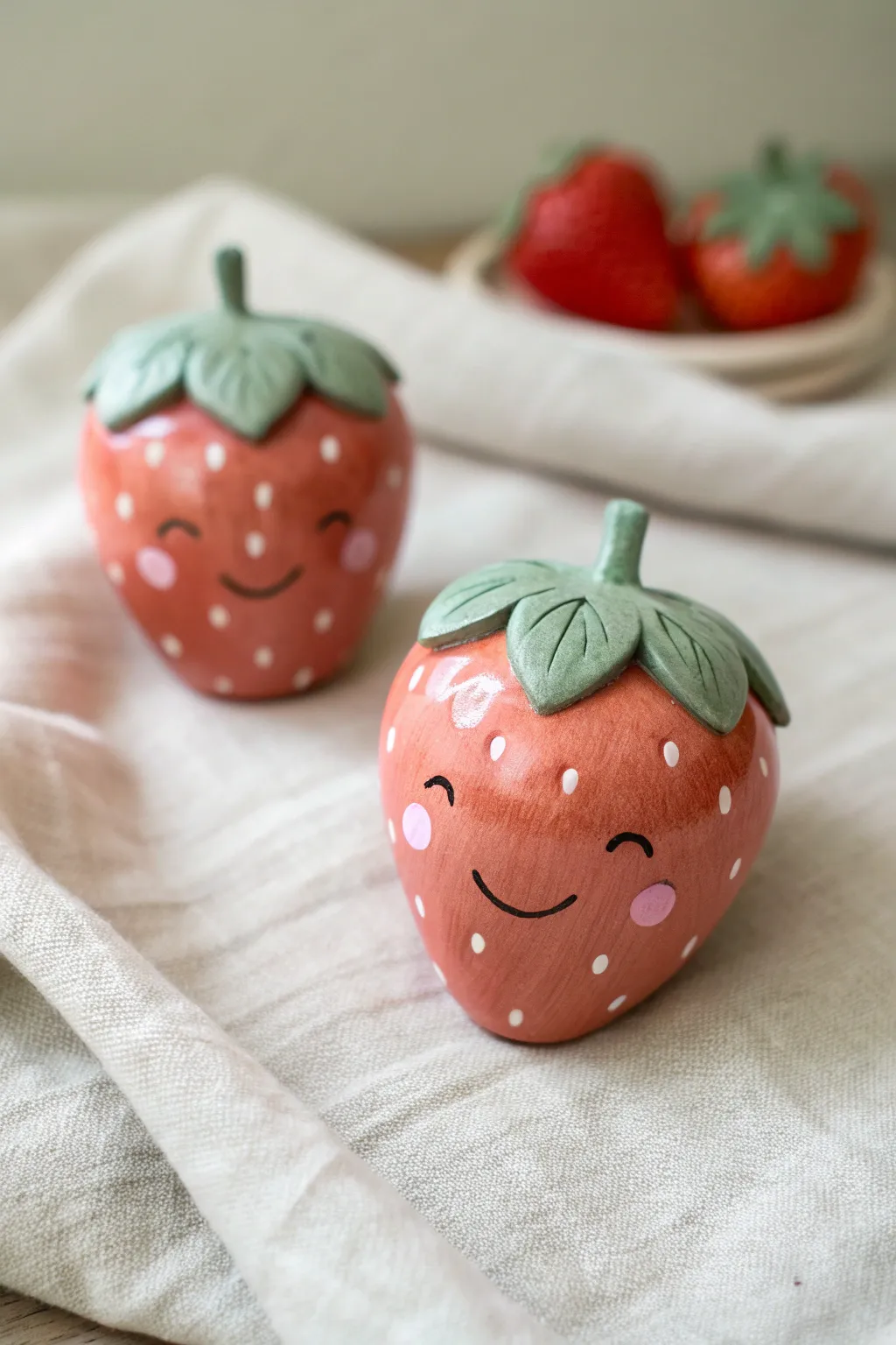 Sweet clay strawberry figurines with seed dots and rosy cheeks, styled on gingham linen.
