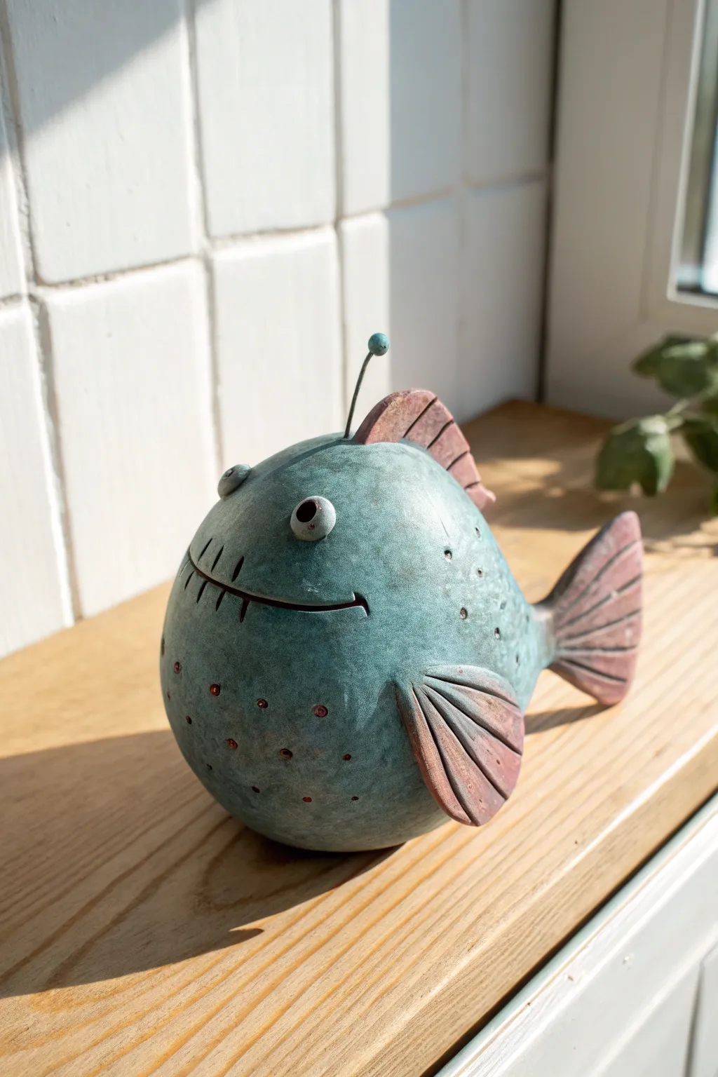 Cute moody clay anglerfish with a minimalist shape, tiny lure nub, and cozy handcrafted texture.