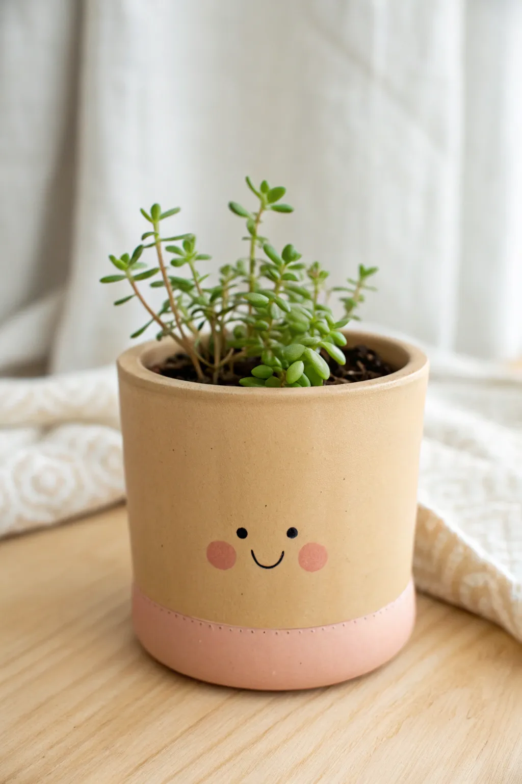 Sweet clay face planter with rosy cheeks and leafy hair, minimalist boho charm for any shelf