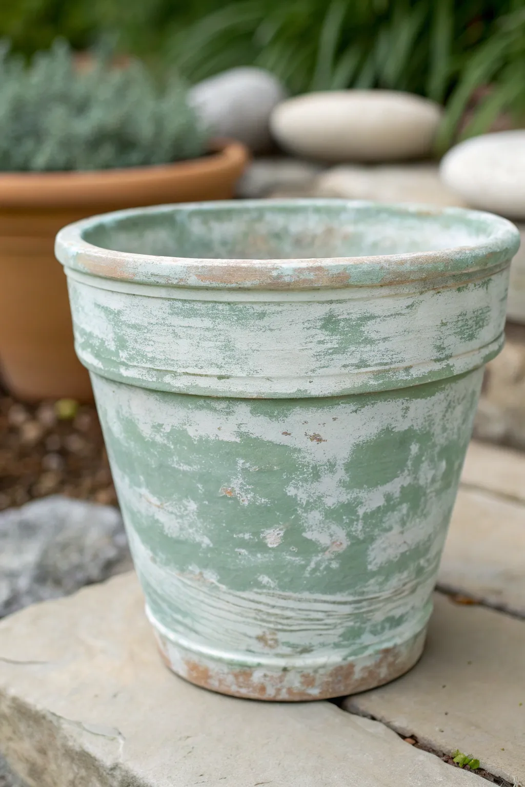 Soft cloudy patina layers turn a simple terra cotta pot into an effortlessly aged garden accent.