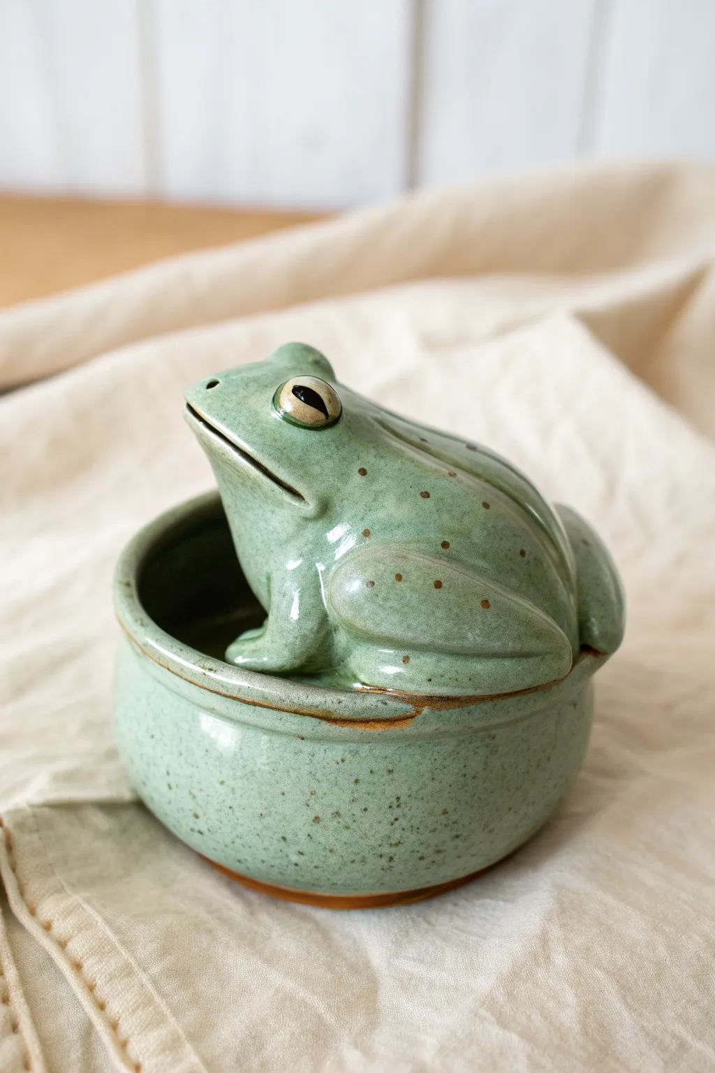 Minimalist frog trinket box with lift-off head lid, slightly ajar for tiny treasures
