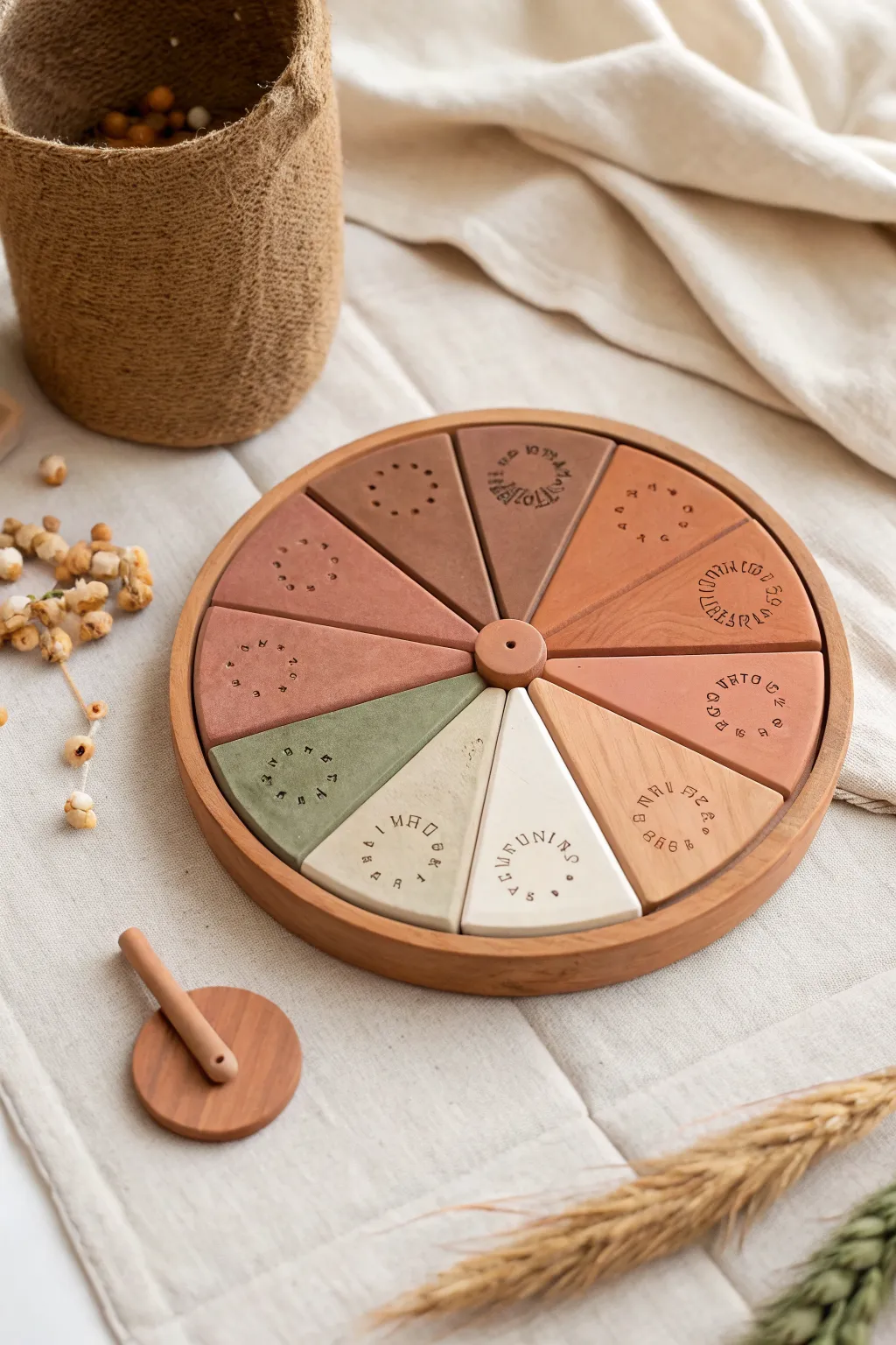 Minimalist clay spinner wheel with bold pastel segments, a charming game piece for cozy craft nights.