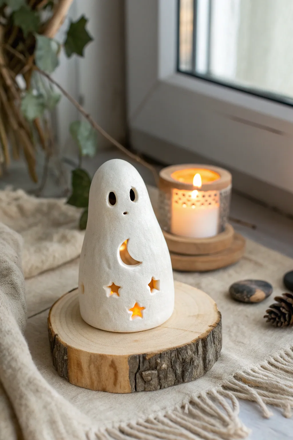 A tiny clay ghost guides the way, lantern glowing warmly against a calm twilight backdrop