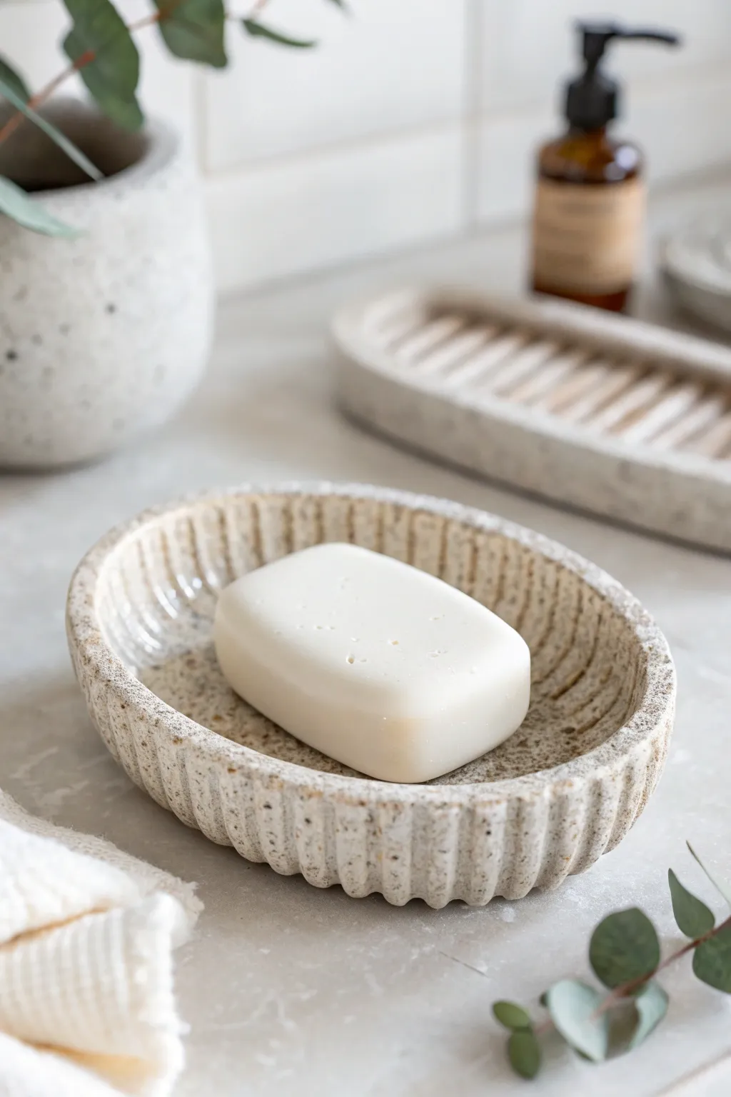 Ridged handmade clay soap dish keeps your bar dry while adding spa calm to your sink.