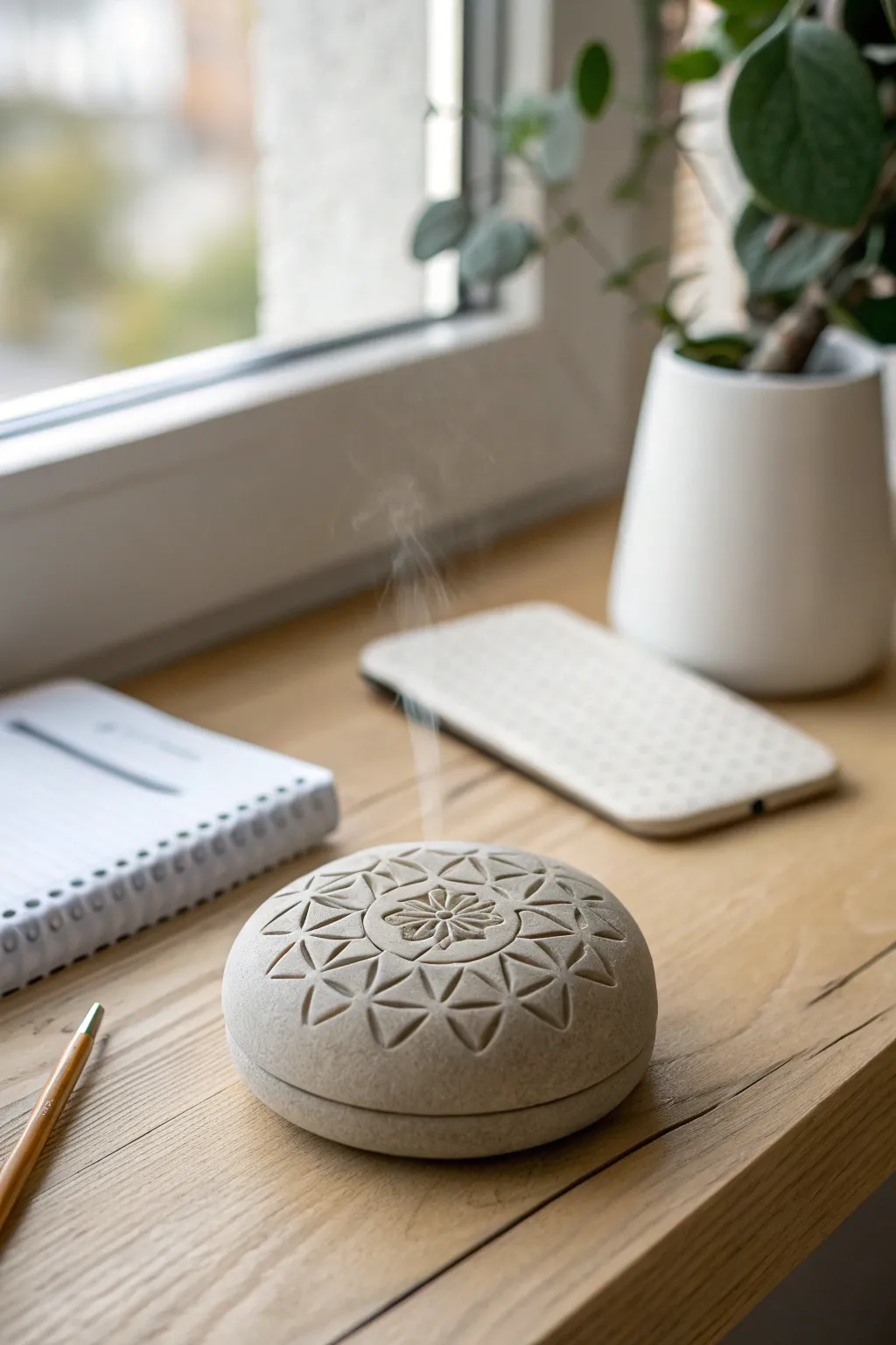 Matte clay diffuser stone in calm neutrals, a simple handmade gift idea for his desk.