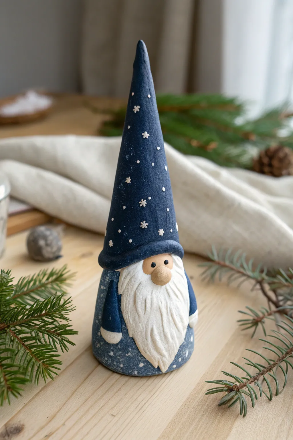 Cozy winter clay gnome with snowy speckles, tall hat, and crisp white beard on pine.